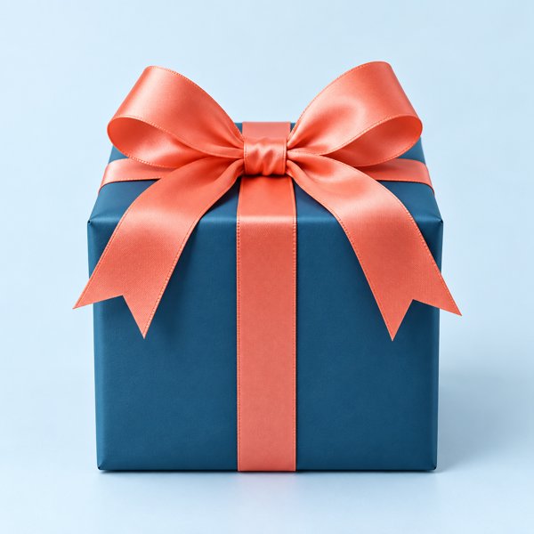 Cadeau bleu emballé avec un ruban corail
